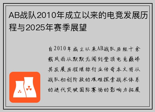 AB战队2010年成立以来的电竞发展历程与2025年赛季展望