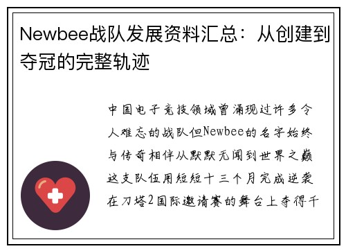 Newbee战队发展资料汇总：从创建到夺冠的完整轨迹