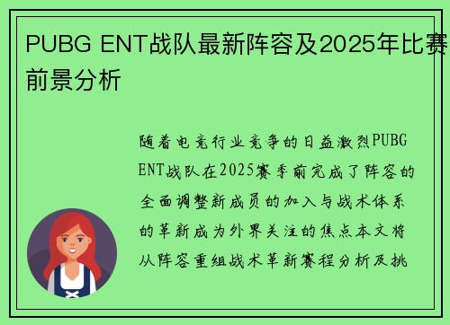 PUBG ENT战队最新阵容及2025年比赛前景分析